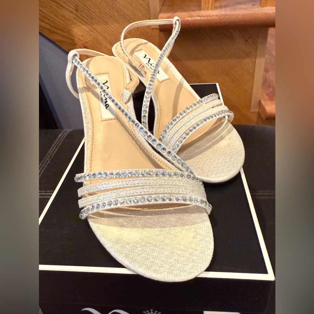 Nina Cream and Silver Sandals with Rhinestone Straps